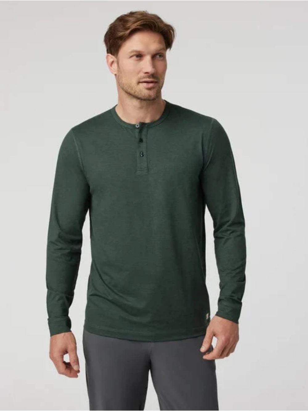 Vuori Long-Sleeve Ease Performance Henley in Forest Green UPF 30+